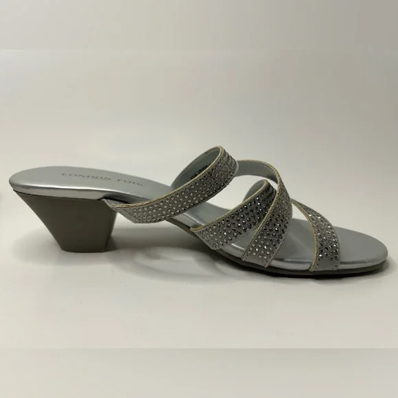 London Fog Rhinestone Silver Strappy Open Toe Slip On Kitten Heel Size 6.5 NWOB - Picture 6 of 9